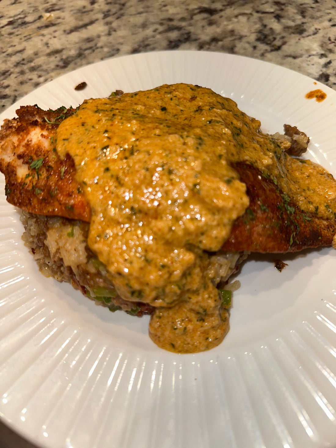 🐟 Pappadeaux-Style Blackened Catfish with Dirty Rice & Cajun Crème Sauce