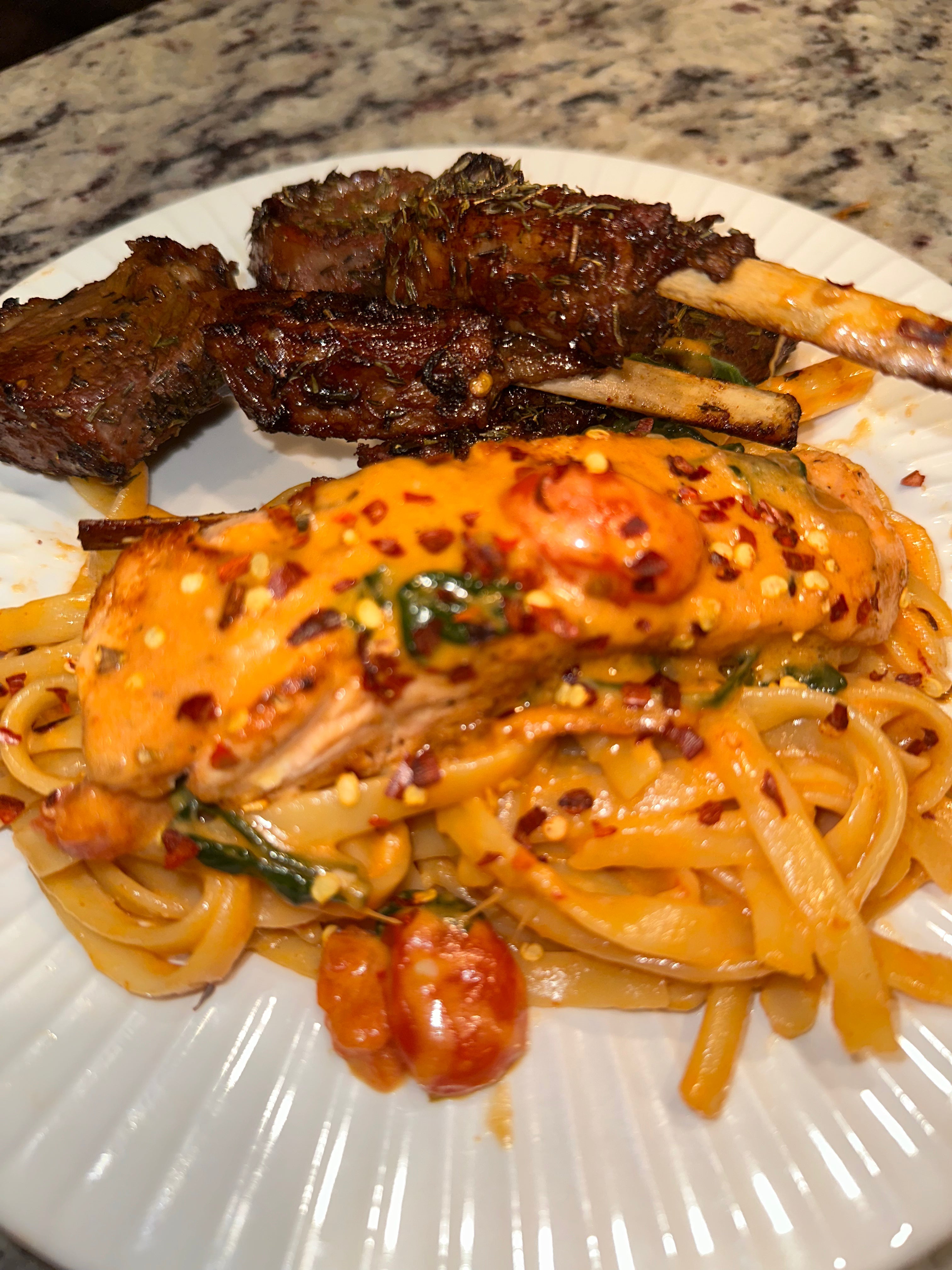 🍣🍝 Creamy Salmon Pasta with Seared Lamb Chops